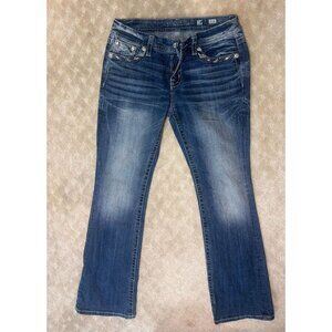 Miss Me Jeans Women's Size 28 Mid-Rise Easy Boot Cut Silver Fleur-de-Lis Bling